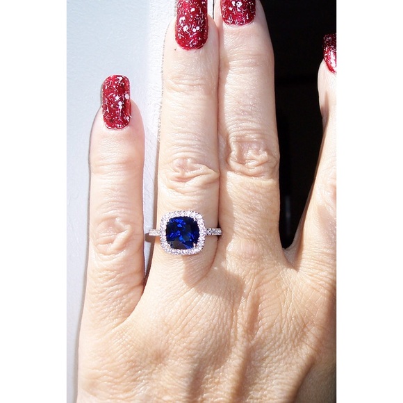 925 STERLING SILVER Cushion Cut Blue Spinel & Cubic Zirconia Halo Ring - Picture 3 of 16